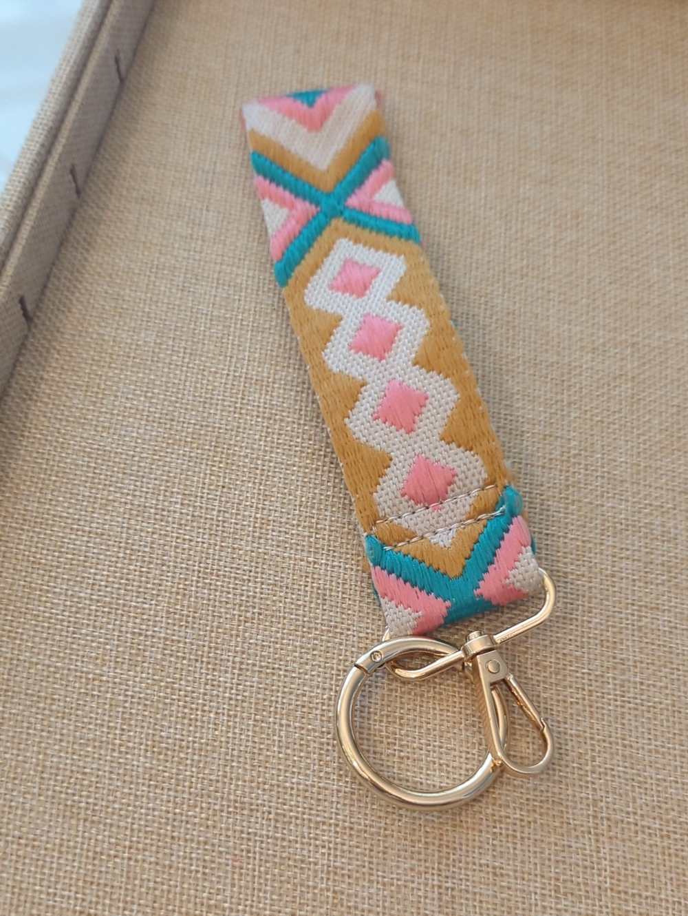 Boho Wristlet Keychain Strap in Mustard, Pink & Teal